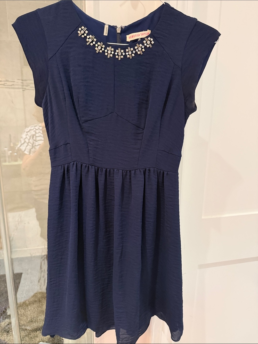 Rebecca Taylor Navy Embellished Jewel-Neck Cap Sleeve Dress